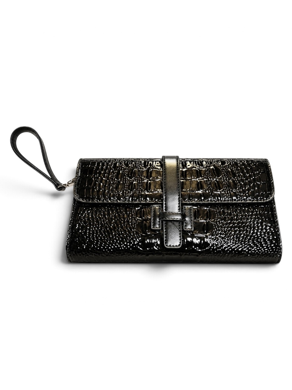 Black Croc-Embossed Wristlet Clutch